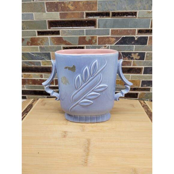 Vintage Red Wing Pottery Vase, Double Handle 1174, Embossed Leaves MCM - Picture 1 of 8